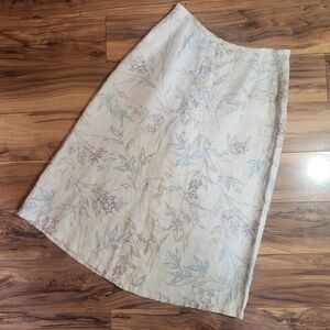 Vintage Liz Claiborne Lizsport Cream Floral Midi Skirt 100% Linen Size 6